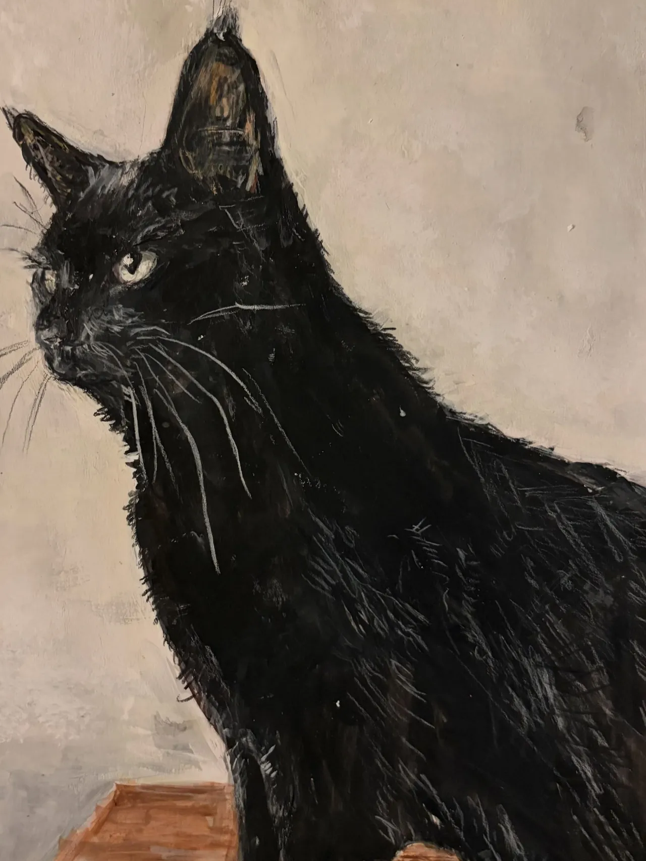 Gemälde eines schwarzen Katers im Profil mit hellen Schnurrhaaren, vor hellem Hintergrund.